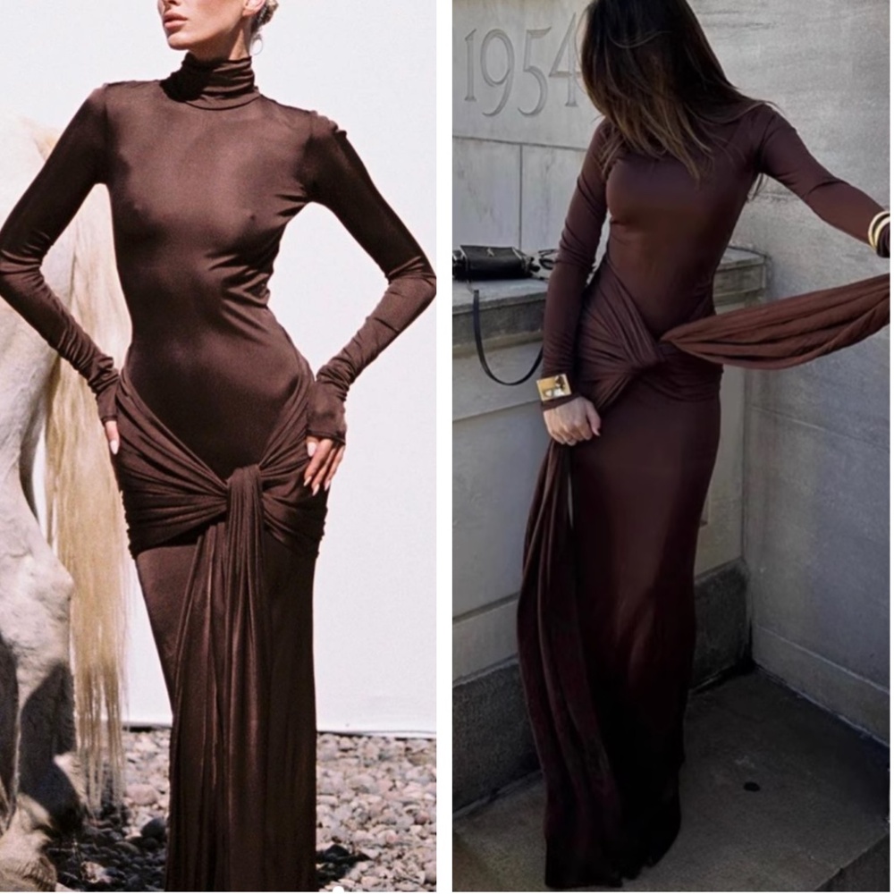 NEW Helsa Knit Slinky Jersey Sarong Maxi Dress - Chocolate Brown Cocktail